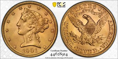 1901 $5 MS66+