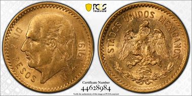 1919-M 10 Peso KM-473  Au MS62