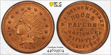 1863 Token F-765F-2a Copper RE W.A. Gildenfenney MS64RD