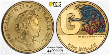 2021 $1 G- Great Barrier Reef Colorized Great Aussie Coin Hunt MS67