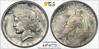 1921 $1 High Relief, Peace AU58