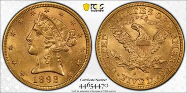 1892-S $5 MS64