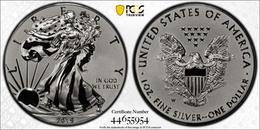 2019-W $1 Silver Eagle Enhanced Rev PR Pride of Two Nations, U.S. Set First Strike PR70