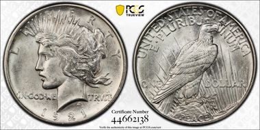 1921 $1 High Relief, Peace MS64