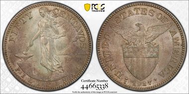 1917-S 50C Allen-14.06a Broken 7 MS63