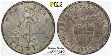 1905-S Peso Allen-16.06 Curved Serif AU58