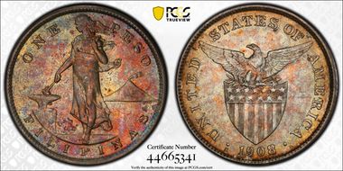 1908-S Peso KM-172  Ag AU58