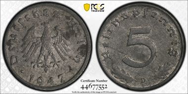 1947-D 5 Pfg J-374 MS62