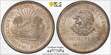 1950-Mo 5 Peso Southeastern Railroad KM-466  Ag MS65