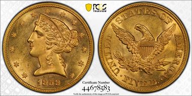 1859 $5 MS63