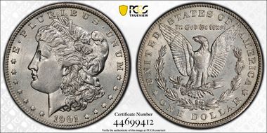 1901 $1 Doubled Die Reverse AU58