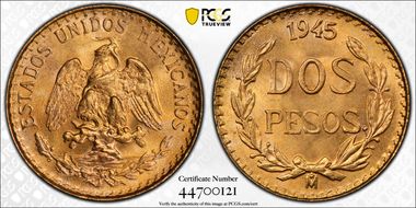 1945-Mo 2 Peso KM-461  Au MS67