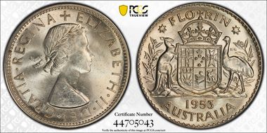 1953(m) Florin Small Rev. Denticles KM-54  Ag MS64