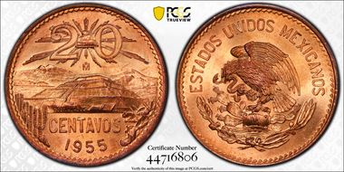 1955-Mo 20C Small Eagle MS65+ RD