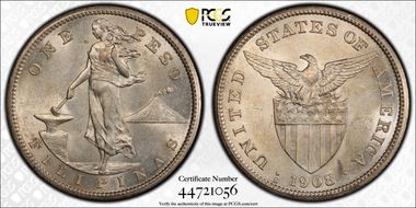 1908-S Peso KM-172  Ag AU58