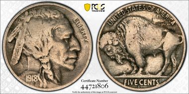 1918-S 5C 2 Feathers, FS-401 VG10
