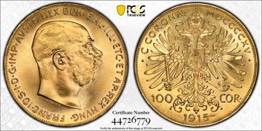 "1915" 100 Cor Restrike KM-2819  Au MS67