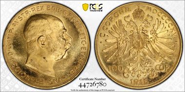 "1915" 100 Cor Restrike KM-2819  Au MS65