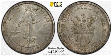 1909-S Peso KM-172  Ag AU58