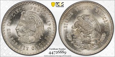 1947-Mo 5 Peso Cuauhtemoc KM-465 Ag MS66