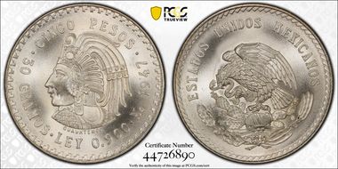 1947-Mo 5 Peso Cuauhtemoc KM-465 Ag MS67+
