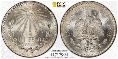 1933-M Peso KM-455  Ag MS67+