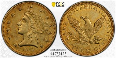 1861 $5 Clark, Gruber & Co. AU58