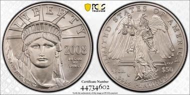 2008-W $50 Burnished St. of Liberty First Strike Mint Engraver Series Mercanti Flag SP70