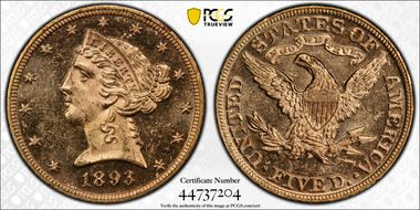 1893 $5 MS62PL