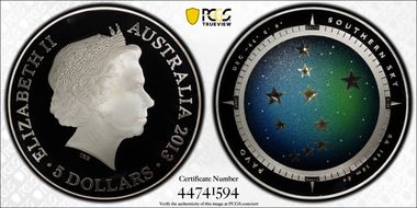 2013 $5 Pavo Southern Sky Colorized PR70DCAM