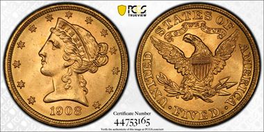 1908 $5 Liberty MS65