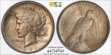1921 $1 High Relief, Peace AU55