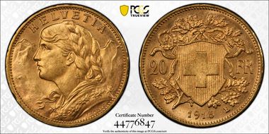 1915 B 20 Fr KM-35.1  Au MS65