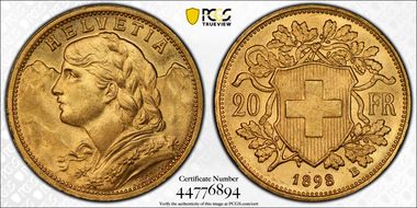 1898 B 20 Fr KM-35.1  Au MS65