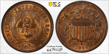 1864 2C Small Motto MS65+ RB