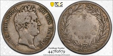 1830-B 5 Fr Gad-676 LOUIS PHILIPPE I VF25