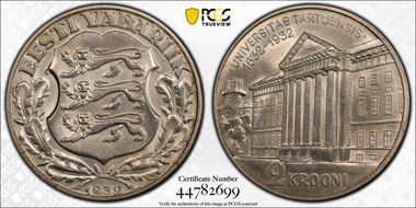 1932 2 Kr University of Tartu KM-13  Ag MS62