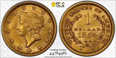 1854 G$1 Type 1 AU58+