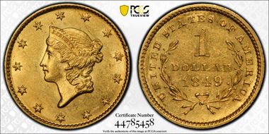 1849 G$1 Open Wreath AU58+