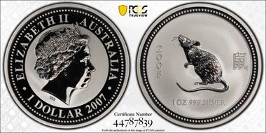 2007 $1 Year of the Rat 2008 Ag MS69
