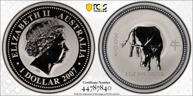 2007 $1 Year of the Ox 2009 Ag MS70