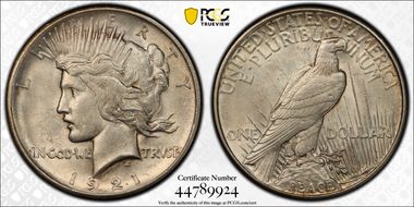1921 $1 High Relief, Peace AU58
