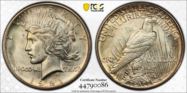 1921 $1 High Relief, Peace MS64