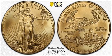 2006-W $50 Burnished Gold Eagle 20th Anniversary SP70