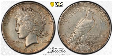 1921 $1 High Relief, Peace AU55