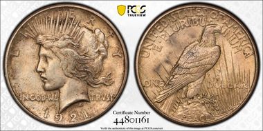 1921 $1 High Relief, Peace AU58
