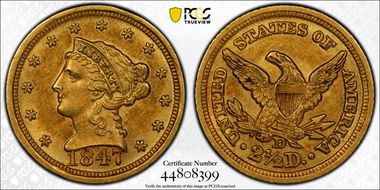 1847-D $2.50 AU58+