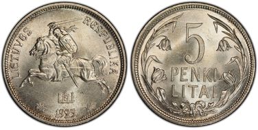 1925 5 Litai KM-78  Ag MS65