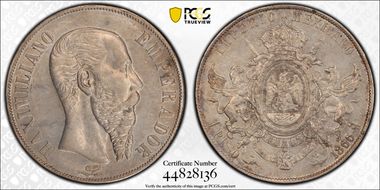 1866-Mo Peso Maximilian KM-388.1  Ag AU58