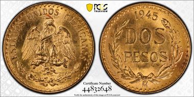 1945-Mo 2 Peso KM-461  Au MS65